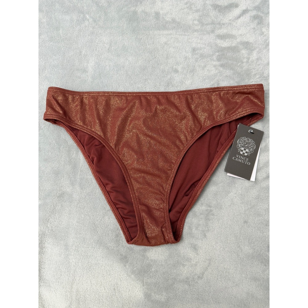 NWT Vince Camuto Bikini Bottom Women Cocoa Metallic Ribbed Shimmer Large $70